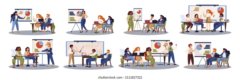 Darstellung von Geschäftscharakter vor der Gruppe der Mitarbeiter-Set. Vorstellung eines Geschäftsplans auf Seminar. Zeige auf die Grafik. Flache Vektorgrafik