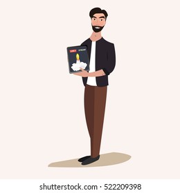 Business character. A man with a computer.Business Theme in Cartoon Style. - stock vector.