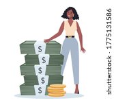 Business character with money. Happy successfull employee with a pile of coin, standing by the banknotes and big bag full of cash. Financial well-being.