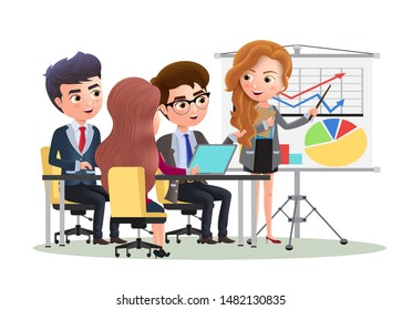 Business character office presentation vector concept. Business character sales manager presentation meeting with employee in whiteboard. Vector illustration.