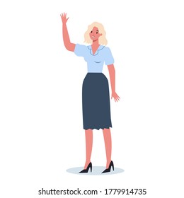 Business character in official clothes with their hand up. Worker in a suit standing and pulling hand up. Business concept of voting, volunteering. Vector illustration in cartoon style