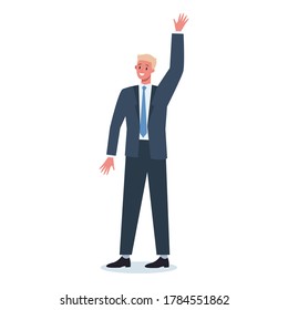 Business character in official clothes with their hand up. Worker in a suit standing and pulling hand up. Business concept of voting, volunteering. Vector illustration in cartoon style
