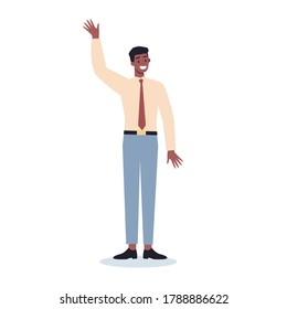 Business character in official clothes with their hand up. Worker in a suit standing and pulling hand up. Business concept of voting, volunteering. Vector illustration in cartoon style