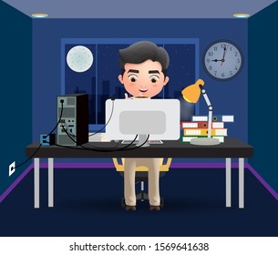 Business character overtime employee vector concept. Male business character office employee working late at night while sitting and drinking coffee in blue dark room background. Vector illustration.