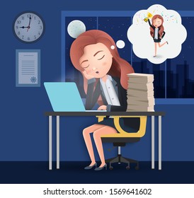 Business character overtime sleeping vector concept. Female lazy business character employee sleeping and dreaming job achievement and promotion. Vector illustration.