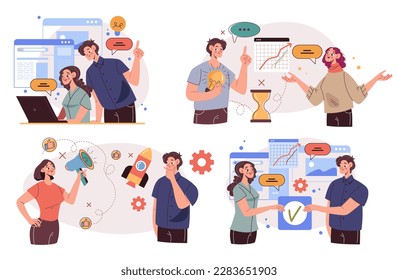 Business character people work manager team office abstract concept set. Vector graphic design illustration
