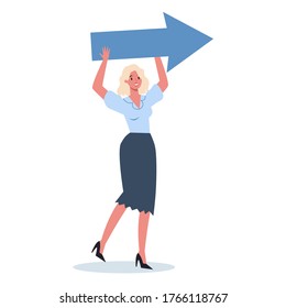 Carácter de negocio apuntando a algo con una gran flecha. Trabajadora de negocios sonriendo y mostrando algo. Un empleado exitoso, concepto de logro. Ilustración vectorial plana