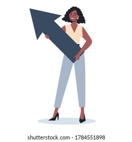 Business character pointing to something with big arrow. Female business worker smiling and showing something. Successful employee, achievement concept. Flat vector illustration