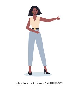 Business character pointing up something. Female business worker smiling and showing something with gesture. Successful employee, achievement concept. Flat vector illustration