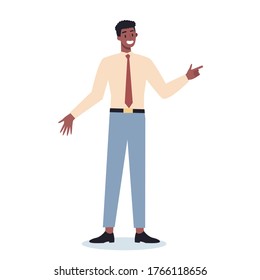 Business character pointing up something. Male business worker smiling and showing something with gesture. Successful employee, achievement concept. Flat vector illustration