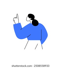 Business character pointing upward representing ideas, suggestions, guidance, and mentorship within corporate environments and business strategy visual materials.