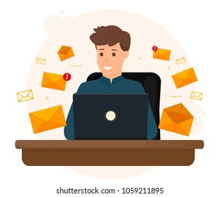 Business character receives and sending a lot of emails. E-mail marketing concept. Vector illustration. Flat design.