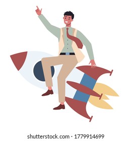 Business character riding a rocket. Startup concept. Business development. Testing and marketing idea. Creative thinking. Isolated flat illustration