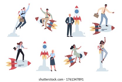 Business character riding standing near a rocket set. Startup concept. Business development. Testing and marketing idea. Creative thinking. Isolated flat illustration