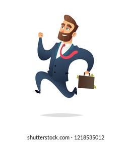 Business character running. Businessman run. Manager holding briefcase with money and run