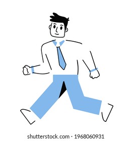 Business character is rushing to work. Running man in suit and tie. Office worker and deadline. Active movement. Trendy geometric outline cartoon illustration