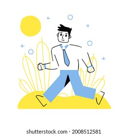 El carácter empresarial se está apresurando a trabajar. Corriendo a un hombre con traje y corbata. Trabajador de oficina y fecha límite en el fondo abstracto. Movimiento activo. Ilustración de dibujo geométrico de moda