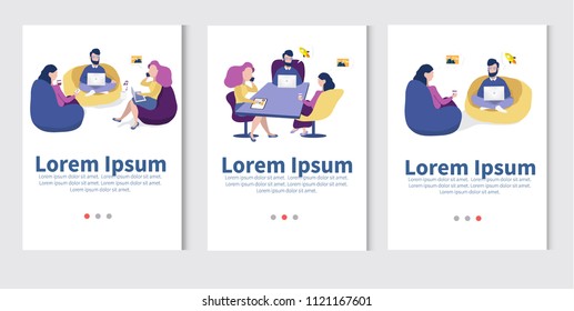 
Business character scene. Business co working process. Three people make conversation and work together. Open space office. Man, girl, freelancer colored vector illustration.
