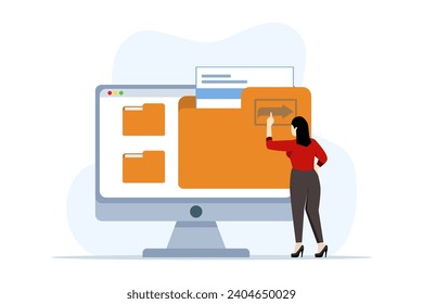 carácter de negocio enviando archivos de documento para el negocio. Concepto de compartir o enviar archivos, transferencia de datos, transferencia de documentación, gestión de archivos, gestión electrónica de documentos. Ilustración del vector