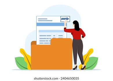 business character sending document files for business. Concept of sharing or sending files, data transfer, documentation transfer, file management, electronic document management. Vector illustration