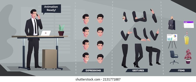 Business Character Set For Animation with Man Standing and Various Separate Body Parts Vector Illustration