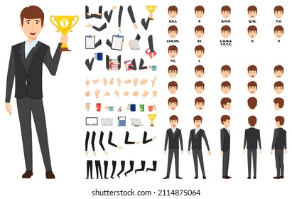 Business character set front, side, back view animated character creation set with various views, face emotions, poses and gestures lip sync for mouth animation