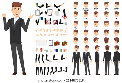 Business character set front, side, back view animated character creation set with various views, face emotions, poses and gestures lip sync for mouth animation with elements