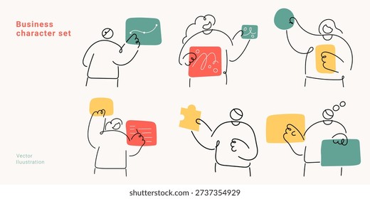 Business character set with people working, communicating and problem solving. Continuous one line drawing vector collection for teamwork, collaboration and office concepts minimalist.