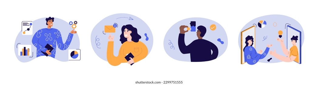 Juego de caracteres de negocio. Escena de negocios con un tema diferente. Análisis de datos, mensaje en línea, trabajo en equipo, videoconferencia. Concepto de ilustración de vector