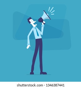 Business character shouting with loudspeaker. Happy worker with megaphone. Flat design cartoon illustration.