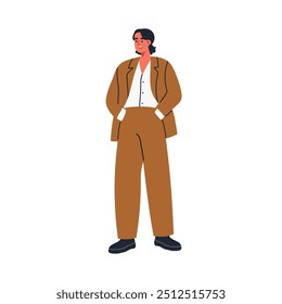 Carácter del negocio en traje casual elegante del estilo, equipo profesional elegante. Oficinista moderno vestido con atuendo elegante, ropa de moda. Ilustración vectorial plana aislada sobre fondo blanco