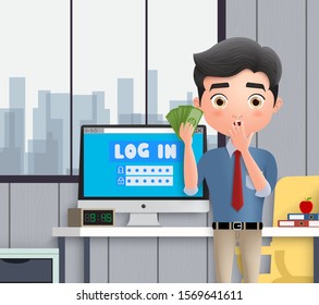 Business character social media login vector concept. Business character male employee surprise and shocked while holding money profit of online business. Vector illustration. 