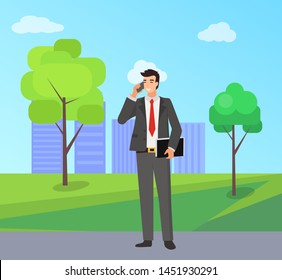 Business character solving problems on way home vector man in park of city. Cityscape flat style trees and lawn, skyscrapers and consultation of male