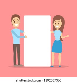 Business character standing behind blank white paper sheet. Empty banner for message. Vector flat illustration