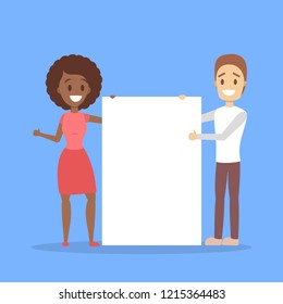 Business character standing behind blank white paper sheet. Empty banner for message. Vector flat illustration on blue