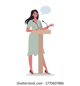 Business character standing behind a lectern. Office worker perform in front of group of co-worker set. Presenting business plan on seminar. Pointing at the graph. Flat vector illustration