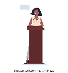 Business character standing behind a lectern. Office worker perform in front of group of co-worker set. Presenting business plan on seminar. Pointing at the graph. Flat vector illustration