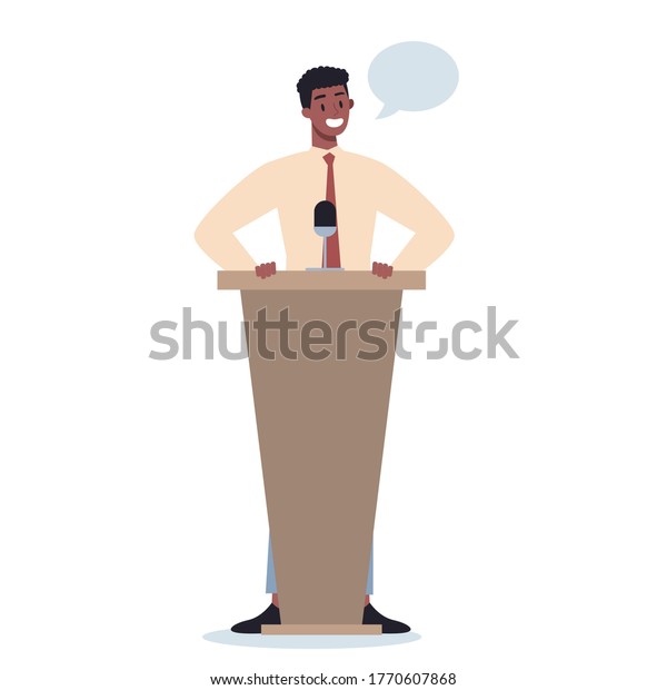 Business\
character standing behind a lectern. Office worker perform in front\
of group of co-worker set. Presenting business plan on seminar.\
Pointing at the graph. Flat vector\
illustration