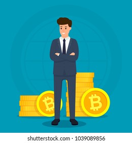 Business character standing with bitcoin coins. ICO and cryptocurrency concept. Blockchain network technology. Vector illustration.