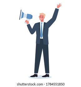 Business character standing with megaphone. Making special promotion with loudspeaker. Speaker make announcement. Getting customer attention. Vector flat illustration