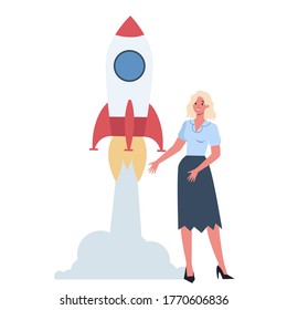 Business character standing near a rocket. Startup concept. Business development. Testing and marketing idea. Creative thinking. Isolated flat illustration
