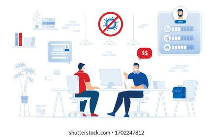 Business Character Success Analysis. Consultation, Collaborative Session. Covid19 Outbreak. Coronavirus Pandemic. Advisor Businessman in Respiratory Face Mask Discuss Money Income Investment Increase