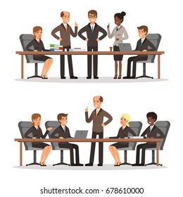 Business character at the table in conference hall. Man and woman in rich costume. Vector illustrations set