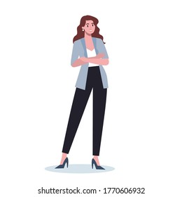 Business character with their arm crossed. Female worker staying in confident pose. Business worker smile. Successful employee, achievement concept. Flat vector illustration