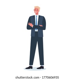 Business character with their arm crossed. Male worker staying in confident pose. Business worker smile. Successful employee, achievement concept. Flat vector illustration