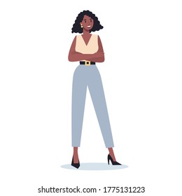 Business character with their arm crossed. Female worker staying in confident pose. Business worker smile. Successful employee, achievement concept. Flat vector illustration