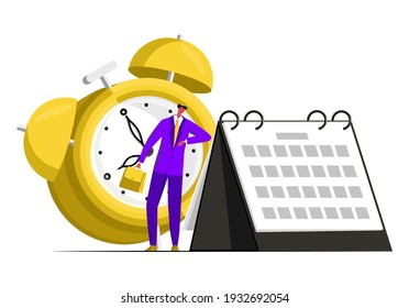 Business character Vector illustration metaphor, businessman, looking at clock. In background is calendar, gold alarm clock. Punctuality, planning, keeping up, following plan Concept.