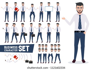 Business character vector set with male businessman in different presentation pose and gestures wearing office attire isolated in white background. Vector illustration.
