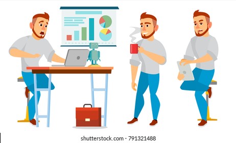 Business Character Vector. Working Male. Environment Process In Office. Full Length. Programmer, Manager. Isolated Flat Cartoon Character Illustration