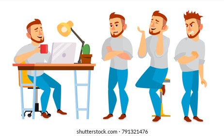 Business Character Vector. Working Man. Environment Process Creative Studio. Full Length. Designer, Manager. Poses, Face Emotions, Gestures. Flat Cartoon Illustration
